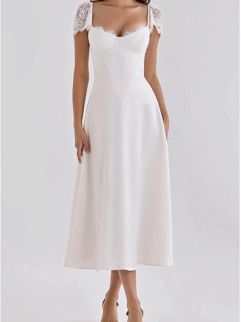 House of CB Selena White Satin & Lace Midi Dress